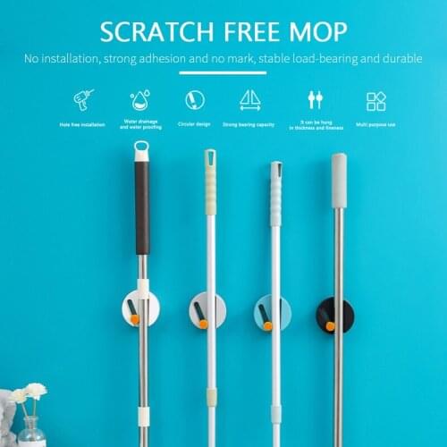 Adjustable Wall Mounted Mop Organizer Non-marking Sticker Brush Broom Hanger Anti-skid Mop Hook Racks For Kitchen Bathroom