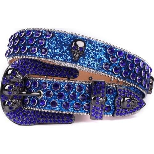 Blue Skull Rhinestone Belts Western Cowboy Jeans Sparkle Men PU Leather Belt Famous Brand Designer Diamond Studded Belt for Wome