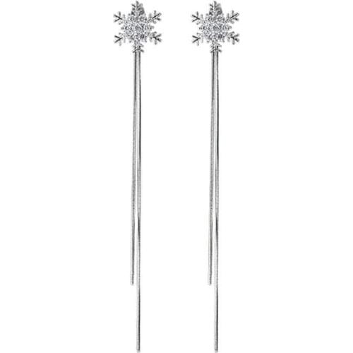 1 Pair Silver Color Christmas Snowflake Stud Earrings Pendant Long Tassel Snowflake Earrings Rhinestone Jewelry Party Dress Up