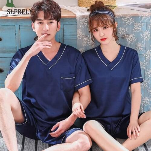 SLPBELY Fuax Silk Couple Pajamas Set Homesuit Summer V Neck Short Sleeve Lover Pijama Mujer Homewear Nightwear Sleepwear Pyjamas