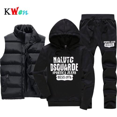 Sporting Track Suit Winter Thicken Warm Tracksuit Men 3 Pieces Fur Hooded Fleece Hoodies+Zipper Vest+Sweatpants Male Coat Jacket