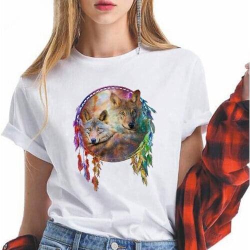 2021 Wolf T-shirt Women White Vetement Feminino Short Sleeve Art Two Wolves Printed T Shirt Fashion Vogue O-Neck Tshirt