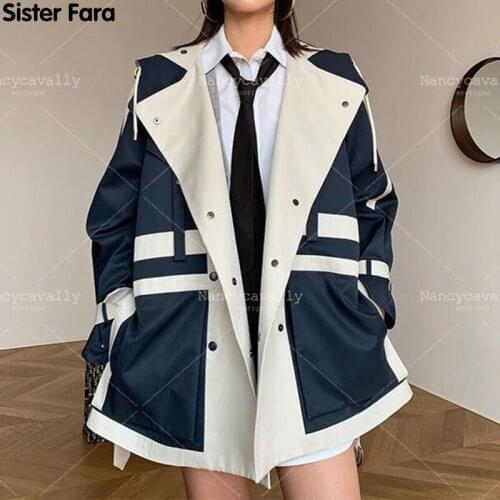 Sister Fara New Spring 2021 Turn-Down Collar Jacket Women Patchwork Plus Size Windbreaker Woman Single Breasted Jacket Autumn