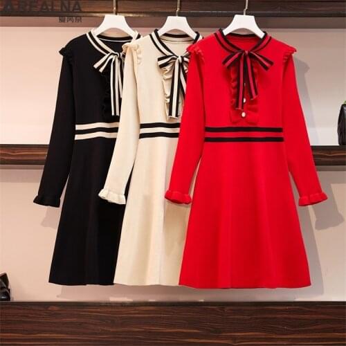 Woman knitted dress Autumn Ruffle sexy Dress long sleeve Casual Elegant Bow Patchwork A-line Fashion Office Lady Mini Dress 4XL