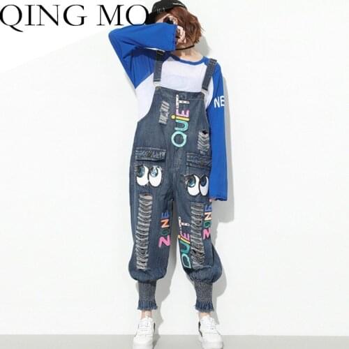 QING MO Large Size Denim Overalls 2021Spring Autumn Letter Sequin Print Denim Jumpsuits Women Hole Fashion Sleeveless LHXX110