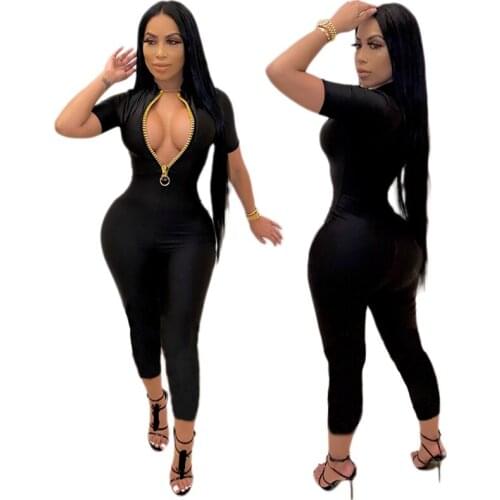 Womens Fashion Sexy Short Sleeve Solid Color Black Zipper Jumpsuit L56127