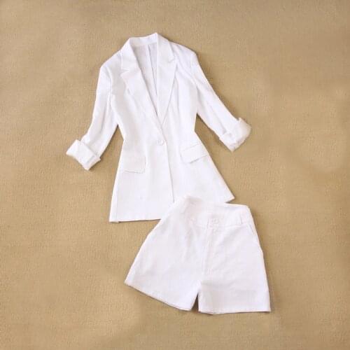 2 Piece Set Women Suit Female 2020 Summer New Style Linen Breathable White Office Ladies OL Uniform Jacket + Shorts Suit