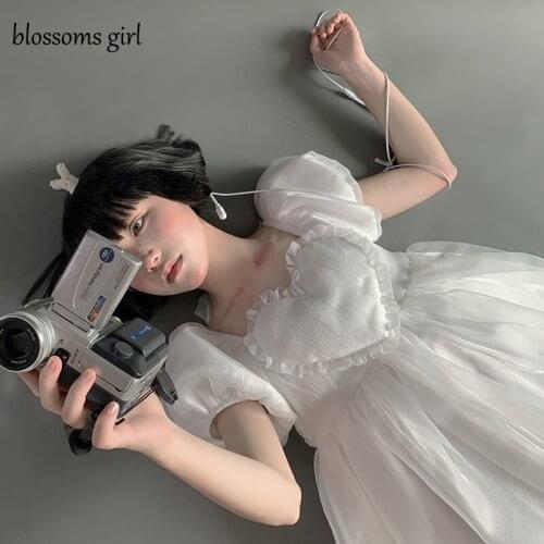 Lolita White Princess Female Summer Casual Mini Dress Puff Sleeve Square Neck Elegant Ladies Vintage A Line Women Dresses 2021