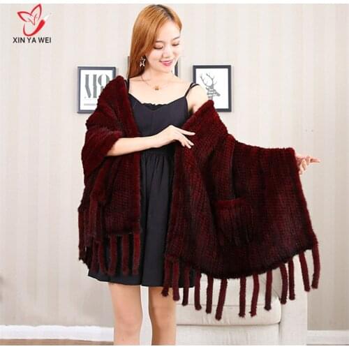 Femmes fourrure Poncho hiver noir/marron tricot naturel vison fourrure écharpes enveloppes réel vison fourrure châles pour femme