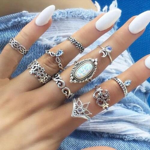 10Pcs Women Retro Dazzling Opal With Diamonds Crescent Faux Opal Rhinestone Knuckle Midi Finger Stacking Joint Ring