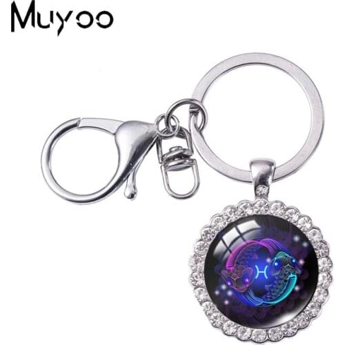 12 Zodiac Leo Virgo Glass Dome Round Keychains Horoscope Zodiac Sign Symbolism White Crystal Keychain for Friends