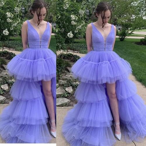 2021 New Design Custom Made Lavender V Neck Pincess High Low Tiers Girls Prom Dresses Gowns