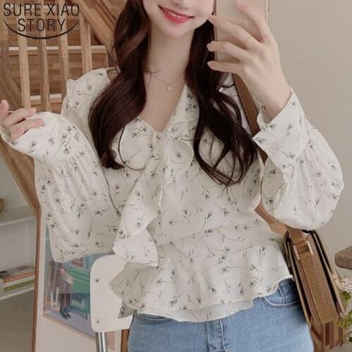 2021 Autumn Women Long Sleeve Print Chiffon Blouse Blusas Mujer Casual Sweet Blouse Ruffled Floral Shirts Fashion Clothing 10332