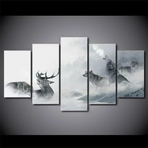 Home Decor Canvas Print 5 Pcs HD White Howling Wolf Group Deer Painting Wall Art Modern Pictures Living Room Oil Paintings New