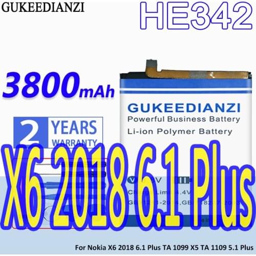 High Capacity GUKEEDIANZI Battery HE342 3800mAh For Nokia X6 2018 6.1 Plus TA 1099 X5 TA 1109 5.1 Plus 5.1Plus