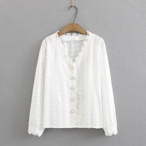 Plus Size V-neck Long Sleeved Cotton&Lace Blouse Long Sleeved Elegant Ladies Workwear Spring Summer New Tops Oversized Shirts