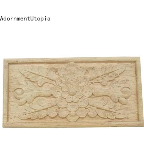 Wood Applique Decal Figurines Wooden Carved Decor Unpainted Large Crown Leaves Rectangle Flower Furniture Doors Home Statues