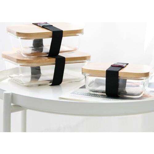 Household Glass Lunch Box Bamboo Wood Cover Fresh Bowl Storage Box Portable Microwave Students Picnic Bento Food Container