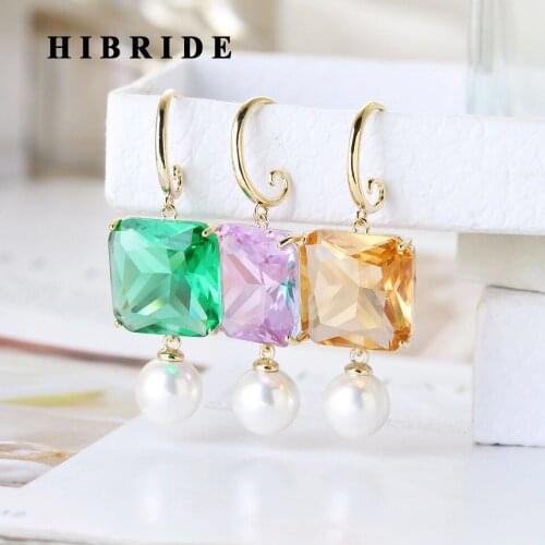 HIBRIDE New Arrival AAA CZ Drop Earring for Women Square Shape Wedding Party Jewelry Accessories Gorgeous Bijoux Femme E-495