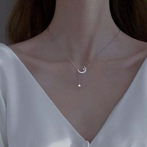 Personality 925 Sterling Silver Jewelry Tassel Star Moon Charm Pendent Clavicle Chain Necklaces For Women dz279