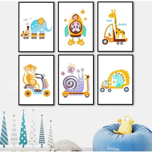 Cartoon Kids City Car Driver Giraffe Elephant Nursery Wall Art Print Canvas Painting Nordic Poster Wall Pictures Baby Room Decor