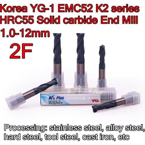 Korea YG-1 EMC52 K2 series 1.0-12mm 2F HRC55 Solid carbide End Mill Processing: stainless steel alloy steel, cast iron, etc