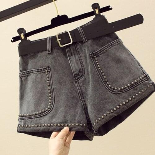 2021 Spring Summer New Patter Denim Patchwork Fake Two Piece Heavy Work Beaded Edge High Waist Loose Shorts