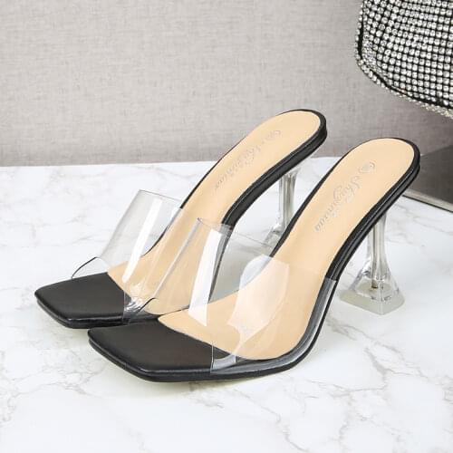 Leopard PVC transparent slippers ladies high heels peep toe clear slides mules womens slippers for summer 2021 sandals female