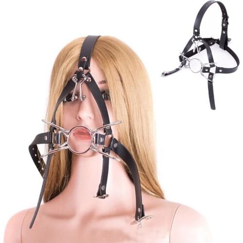 Adjustable Leather Nose Hook Mouth Gag Harness O Ring Open Mouth Gag Head Mask Restraint Bondage Mask Role Play Toys For Couple