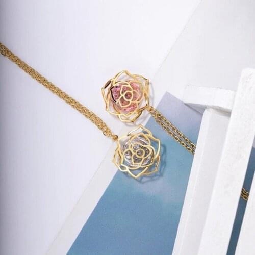 Luxury Dazzling Cubic Zircon Lotus Flower Shaped Pendant Necklace For Women Girl Stainless Steel Yoga Prayer Buddhism Jewelry
