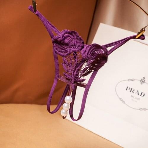 Sexy Embroidered Panties Perspective Pearl Massage G-string Intimates Women Erotic Lace Crotchless Underwear Briefs Thongs
