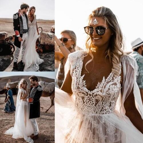 Vintage Boho A Line Wedding Dresses With Wraps Illusion V Neck Lace Appliques Floor Length Wedding Dress Boho Bridal Gowns