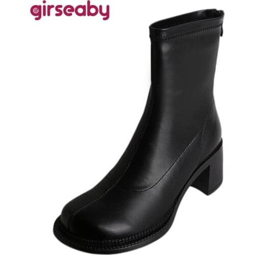 Girseaby 2021 Real Leather Mortorcycle Ankle Bootie Stretchy Designer Women Round Toe Square Mid Heel Zipper 40 Black S2422