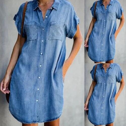 Ladies Short Sleeve Shirt Dress Denim Women Summer Dress With Pocket Blue Turn-Down Collar Midi Sundress D30