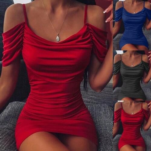 Women Sexy Cold Shoulder Bodycon Dress Ladies Evening Party Mini Dress Spaghetti Strap Silk Short Sleeve Club Dress Vestidos