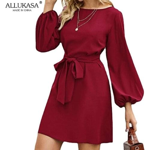 Allukasa Women Chiffon Dress Long Sleeve Fashion Loose Casual Solid Color O Neck Mini Dresses Lady Tie Waist A Line Dress Vestir
