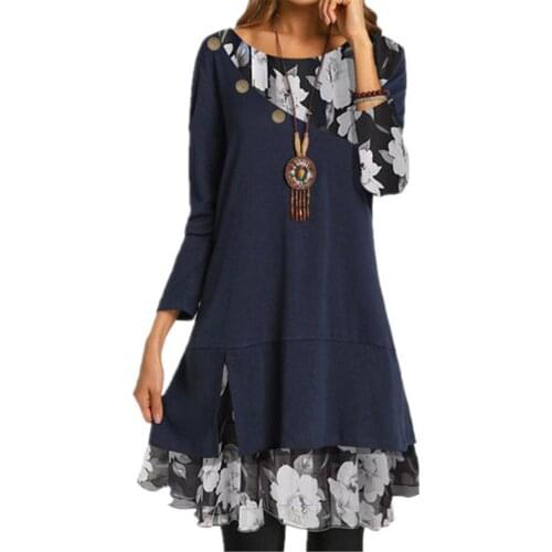 Loose Dress Women Vintage Flower Print Patchwork Round Neck Long Sleeve Dress Muslims Winter Office Women Dress