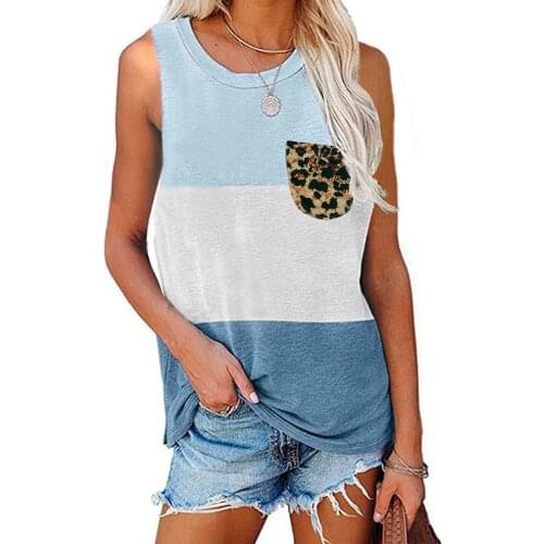 2021 Casual Fashion Women Sleeveless T Shirt Summer Loose Vintage Leopard Print Pocket Vest Shirt Female Patchwork Tank Top Tee