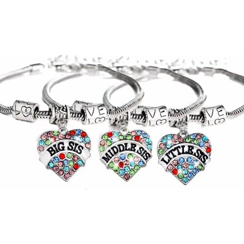 3PC/Set Big Middle Little Sis Sisters Bracelets Crystal Heart Charms Family Women Girls Friends Gifts Love Beads Chain Bangles