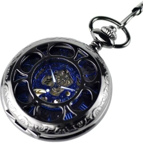 5pcs/lot Vintage Steampunk Skeleton Necklace Pocket Watch Gun Black Blue Mechanical Pocket Watch Luxury Brand Fob Watches Chain