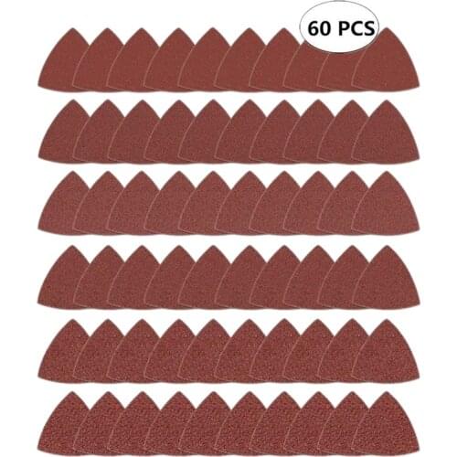 60pcs Triangular Hook and Loop e-Sandpaper, Fit 3-1/8 Inch Oscillating Multi Tool Sanding Pad, Assorted 40 60 80 100 120