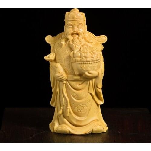 8cm Boxwood Carving Solid Wood Buddha Statue Craft Home Decoration Feng Shui Sculpture Chinese God of Wealth Home Decor