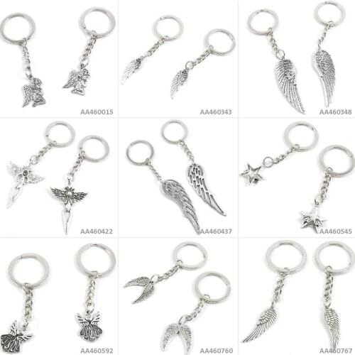 Antique Silver Tone Keychain Keyring Keytag Key Chain Ring Tag Door Car Angel Cupid Rose Wing Sword Latin Cross Wings Star