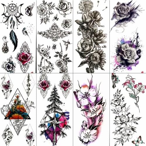 Geometric Temporary Tattoos Stickers Watercolour 3D Big Large Rose Flower Waterproof Fake Tatoo Paper For Women Girls Body Art