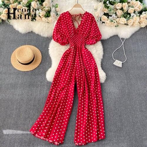 HangCode Ins Fashion Polka Dot Print Jumpsuits Summer Sexy Deep V-neck Backless Long Wide Leg Overalls Beach Holiday Jumpsuits
