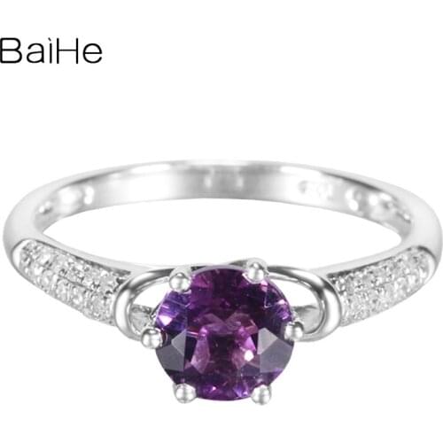 BAIHE Solid 14K White Gold 1.16CT Round Genuine Amethyst Wedding Gift Engagement Ring Women Trendy Fine Jewelry Amethyst Ring