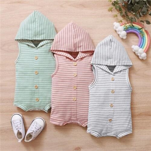 Baby Summer Clothing 0-18M Newborn Baby Boys Girls Unisex Striped Sleeveless Hooded Button Romper Jumpsuits One-Pieces Outfits