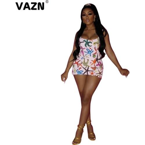 VAZN 2020 Summer New Arrival Little Chap Retro Sexy Young Joker Spaghetti Strap Sleeveless Women High Waist Thin Mini Dress