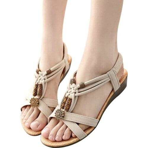 Summer Woman Sandals Woman Wedges Beads Bohemia Low Heel Shoes Ankle Strap Sandals 2020 Casual Beach Footwear Woman Rubber Shoes