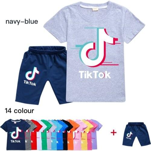 TIK TOK Printed Fashion Pure Cotton T-shirt Cartoon Cool Short-sleeved Shirt + Shorts Boy Girl Childrens Clothing